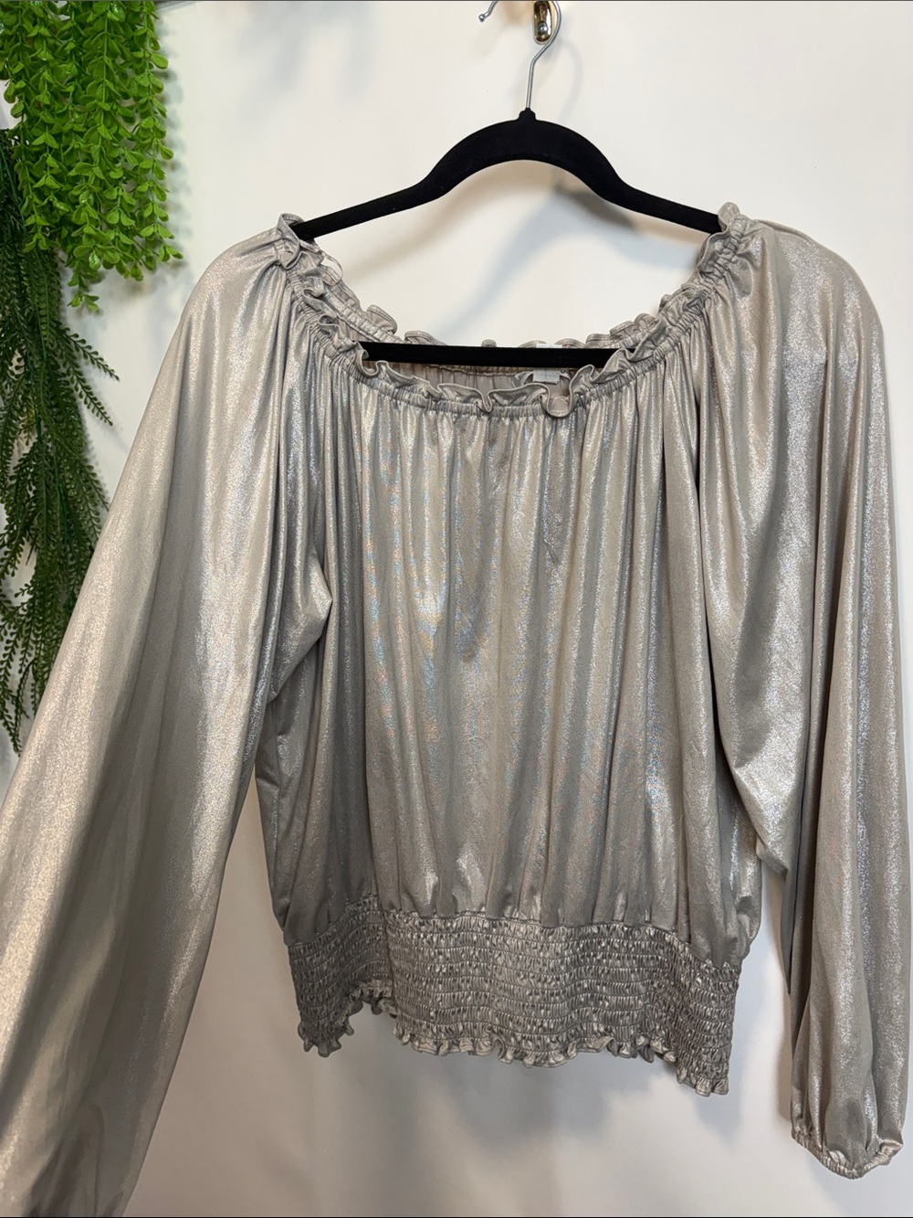 JohnPaulRichard Shimmery Silver Off-Shoulder Blouse